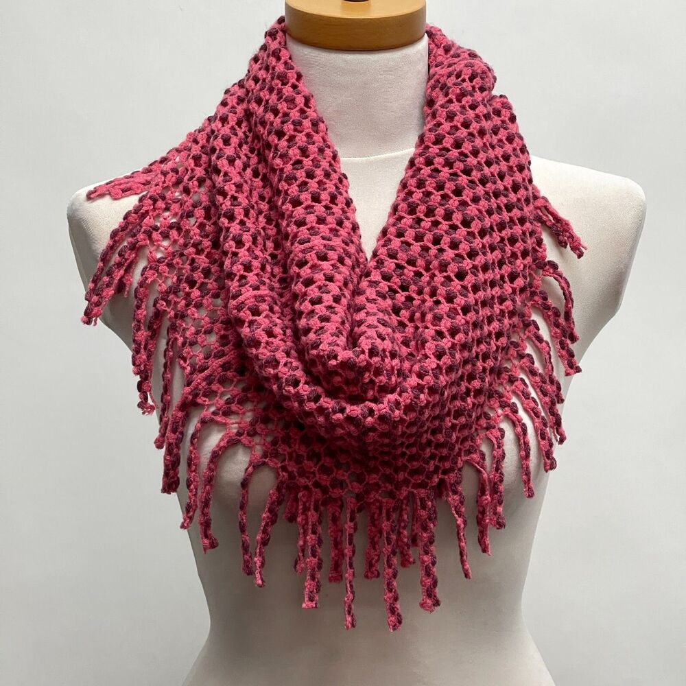 Women's Tube Cowl Snood Scarf with Fringe Pink Crochet NWOT